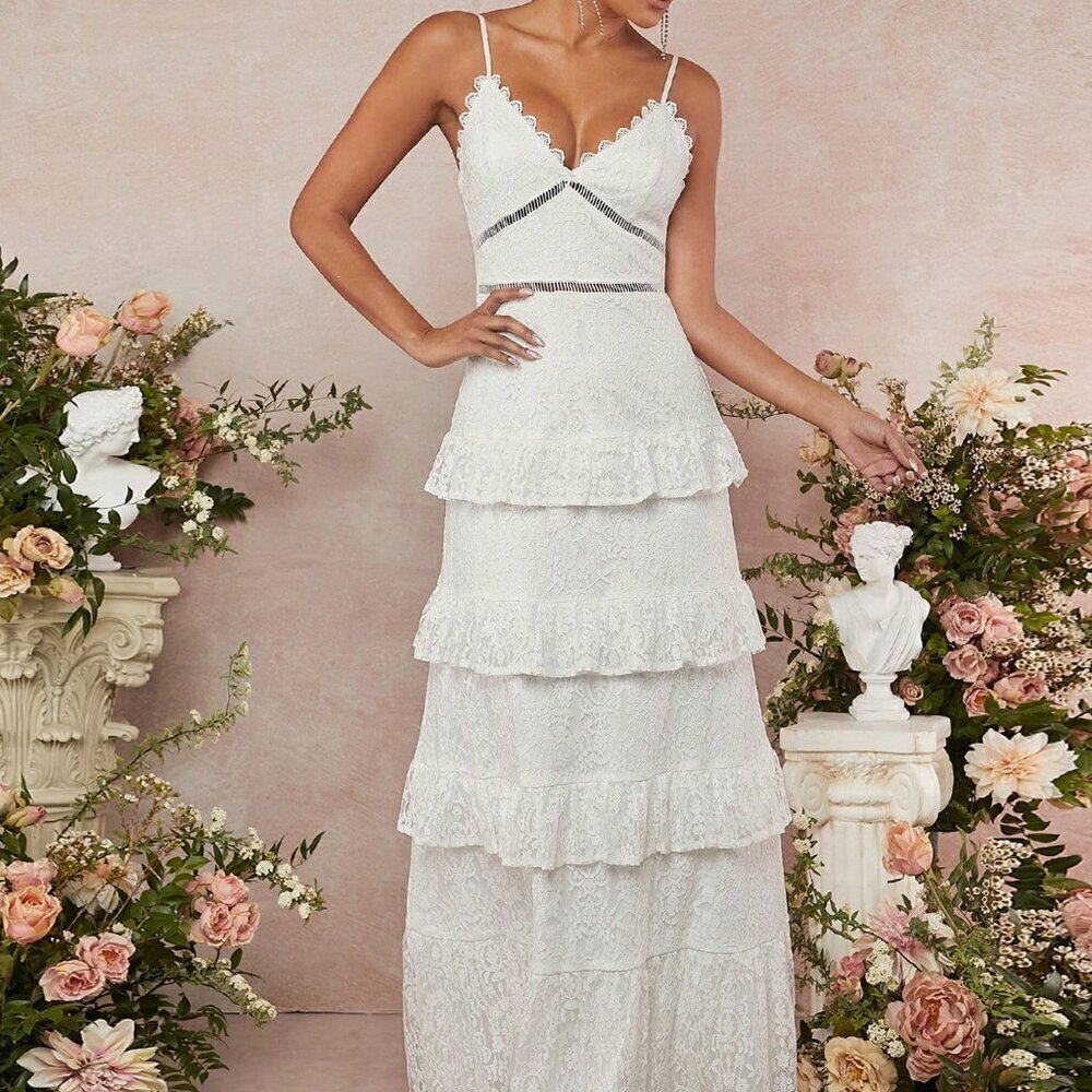 White Elegant Women's Tiered Ruffle Lace Cami Dress - Picture 3 of 5